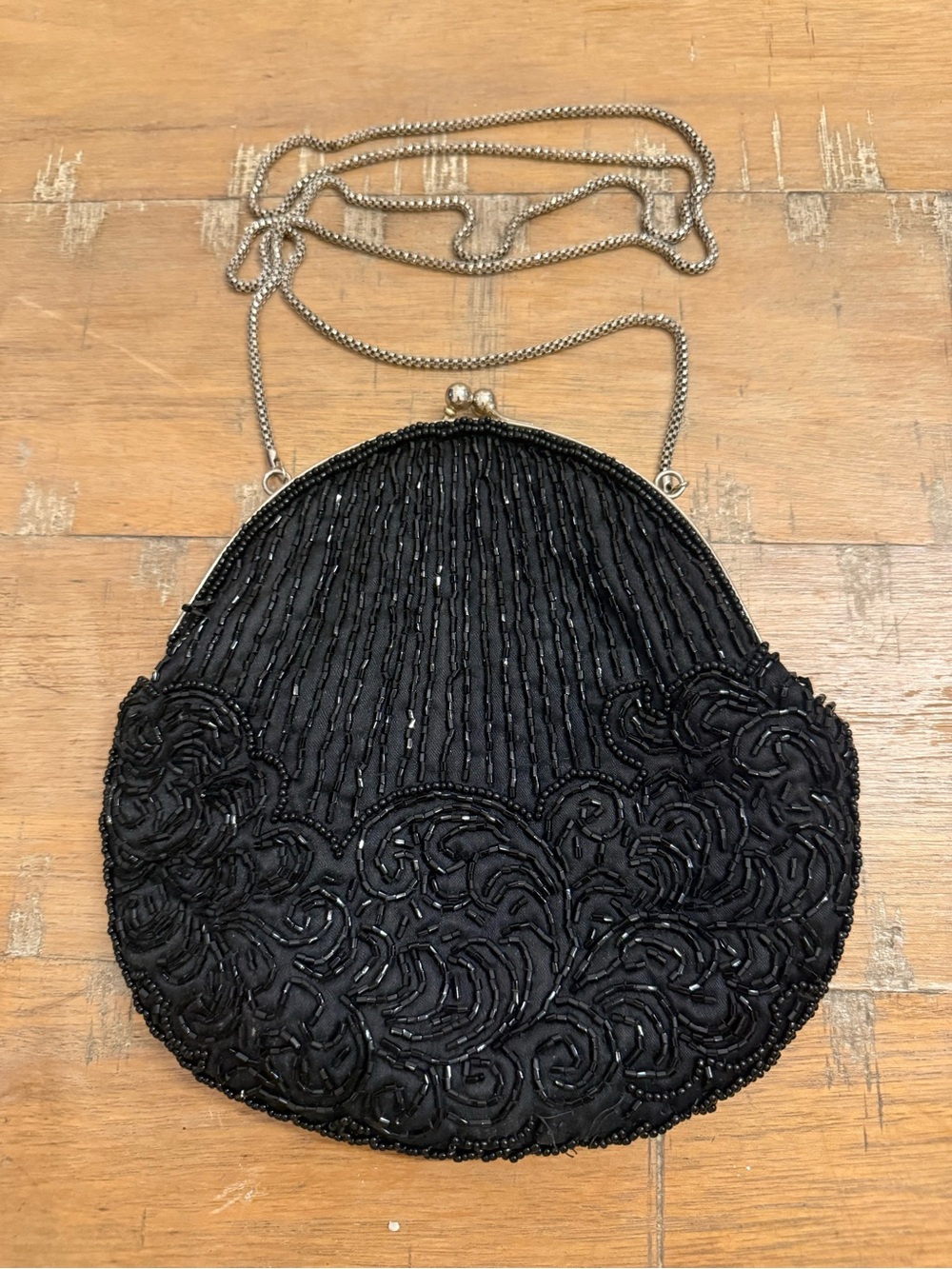 VTG La Regale Black Beaded Floral Applique Mini Evening Bag with Chain Strap